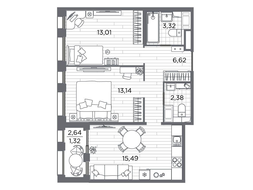 Планировка: 2-комн. квартира 55.28 м² в новостройке Респект