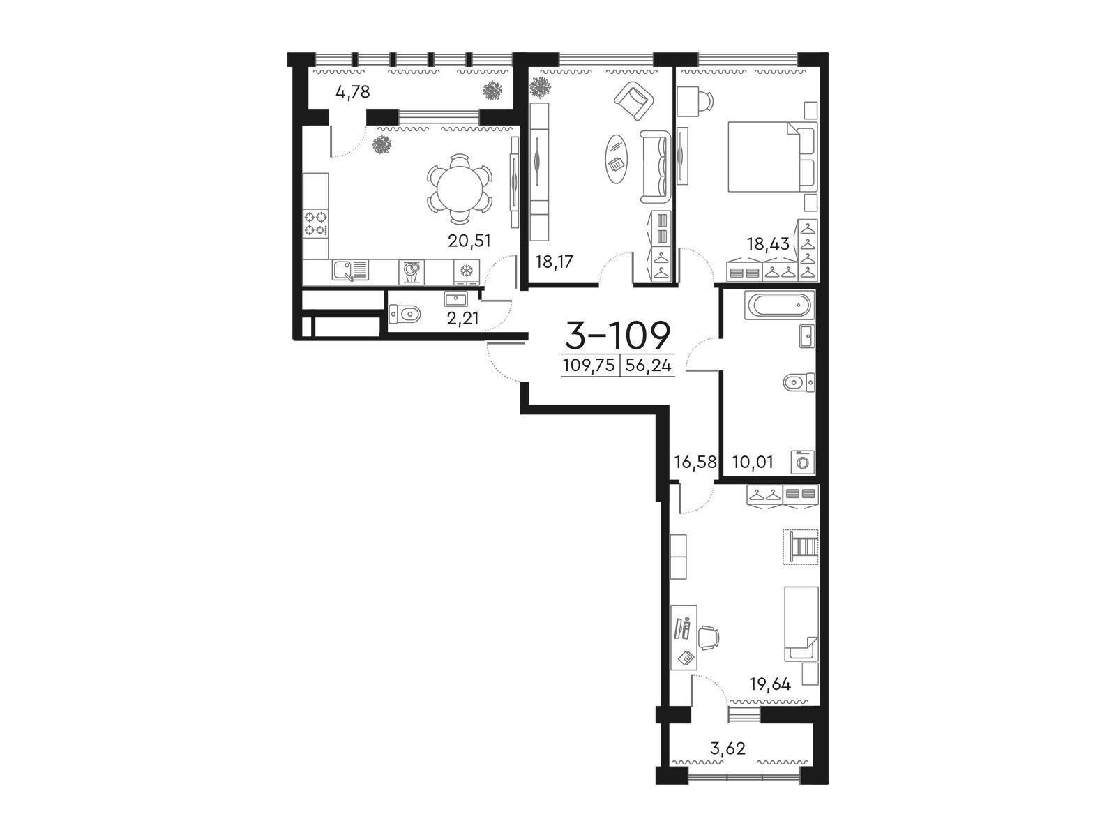 Планировка: 3-комн. квартира 110.10 м² в новостройке Фамилия