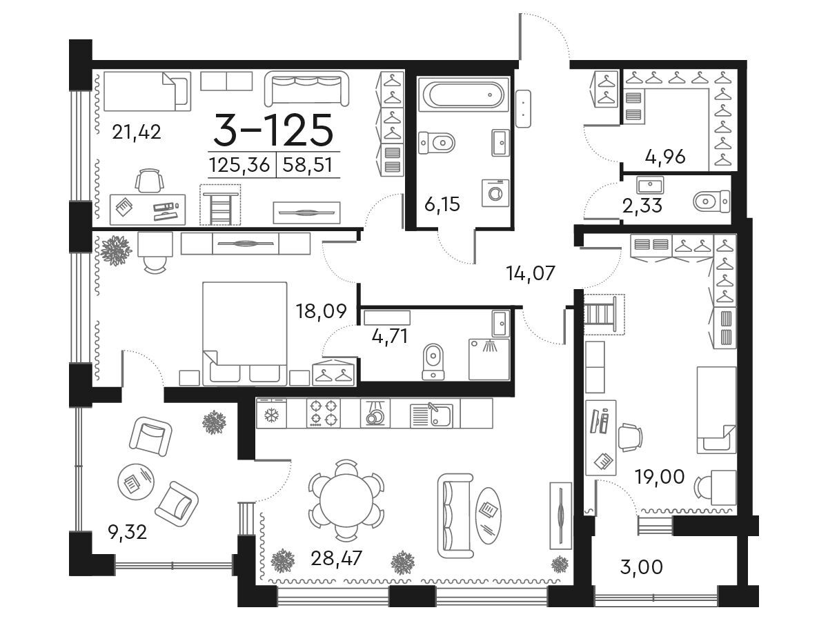 Планировка: 3-комн. квартира 125.70 м² в новостройке Фамилия