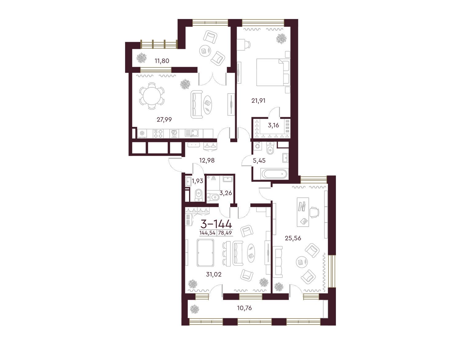 Планировка: 3-комн. квартира 144.10 м² в новостройке Фамилия