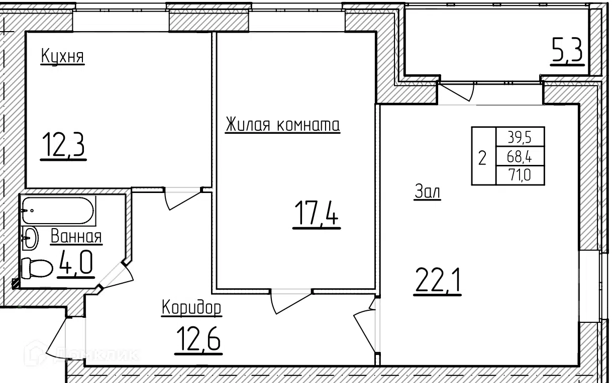 Планировка: 2-комн. квартира 71.00 м² в новостройке Фестивальный