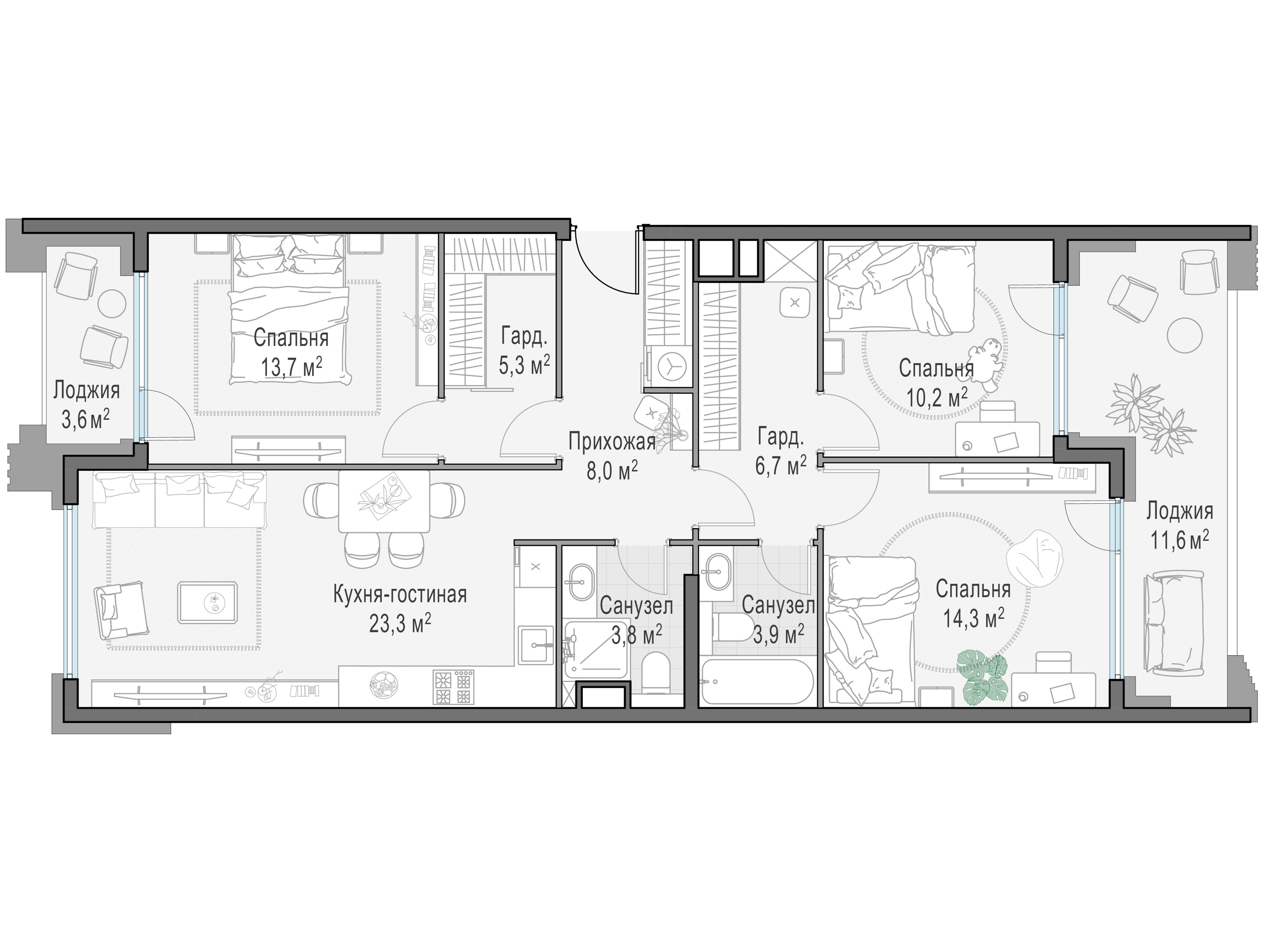 Планировка: 2-комн. квартира 98.30 м² в новостройке РиверСкай