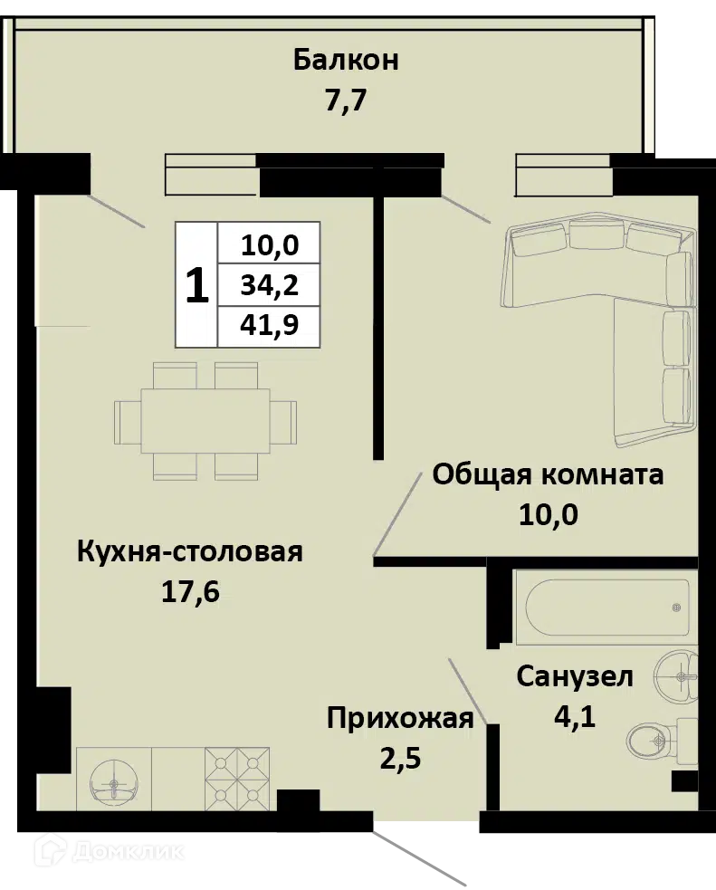 Планировка: 1-комн. квартира 40.67 м² в новостройке Южные Соседи