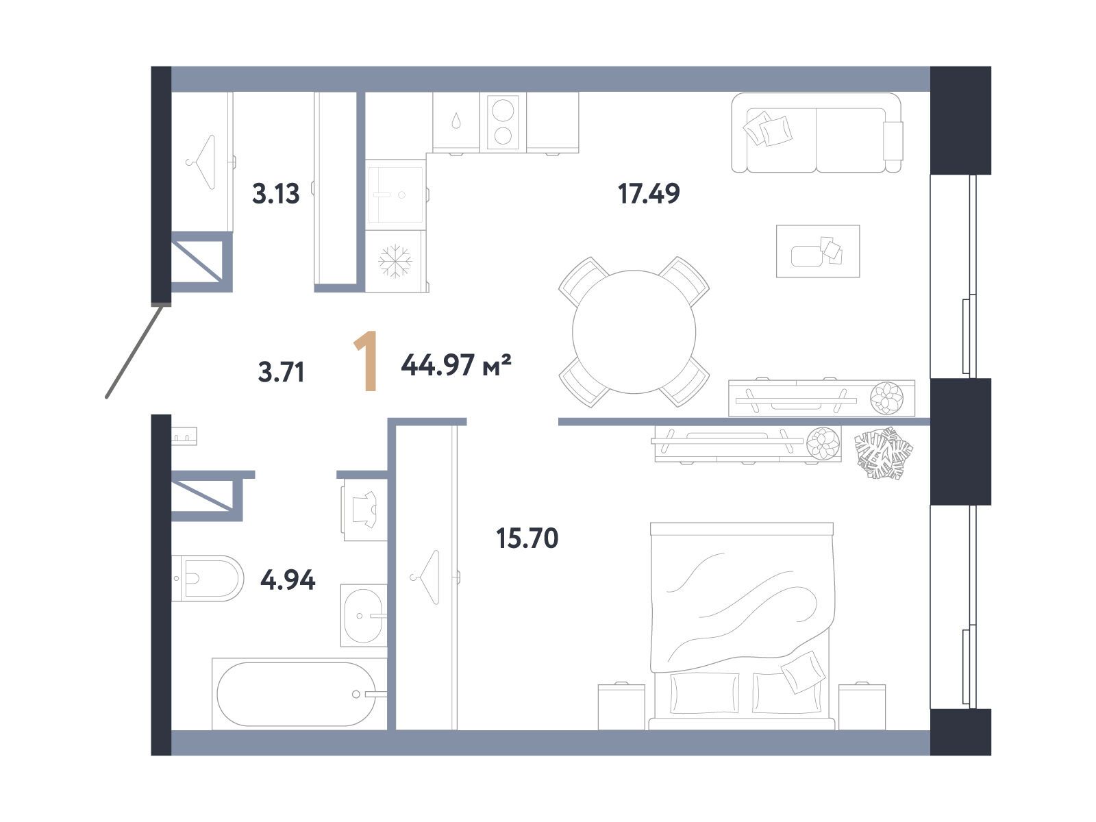 Планировка: 1-комн. квартира 44.97 м² в новостройке Репаблик