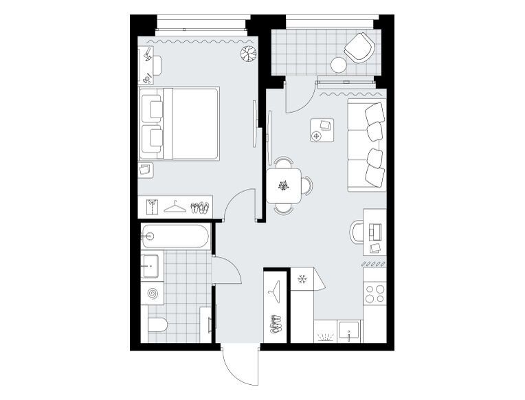 Планировка: 1-комн. квартира 46.30 м² в новостройке Хольм