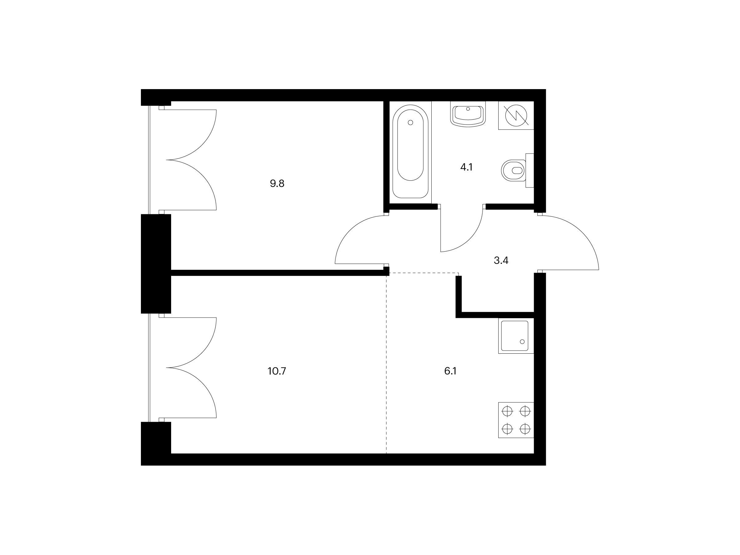 Планировка: 1-комн. квартира 34.10 м² в новостройке Лермонтовский 54