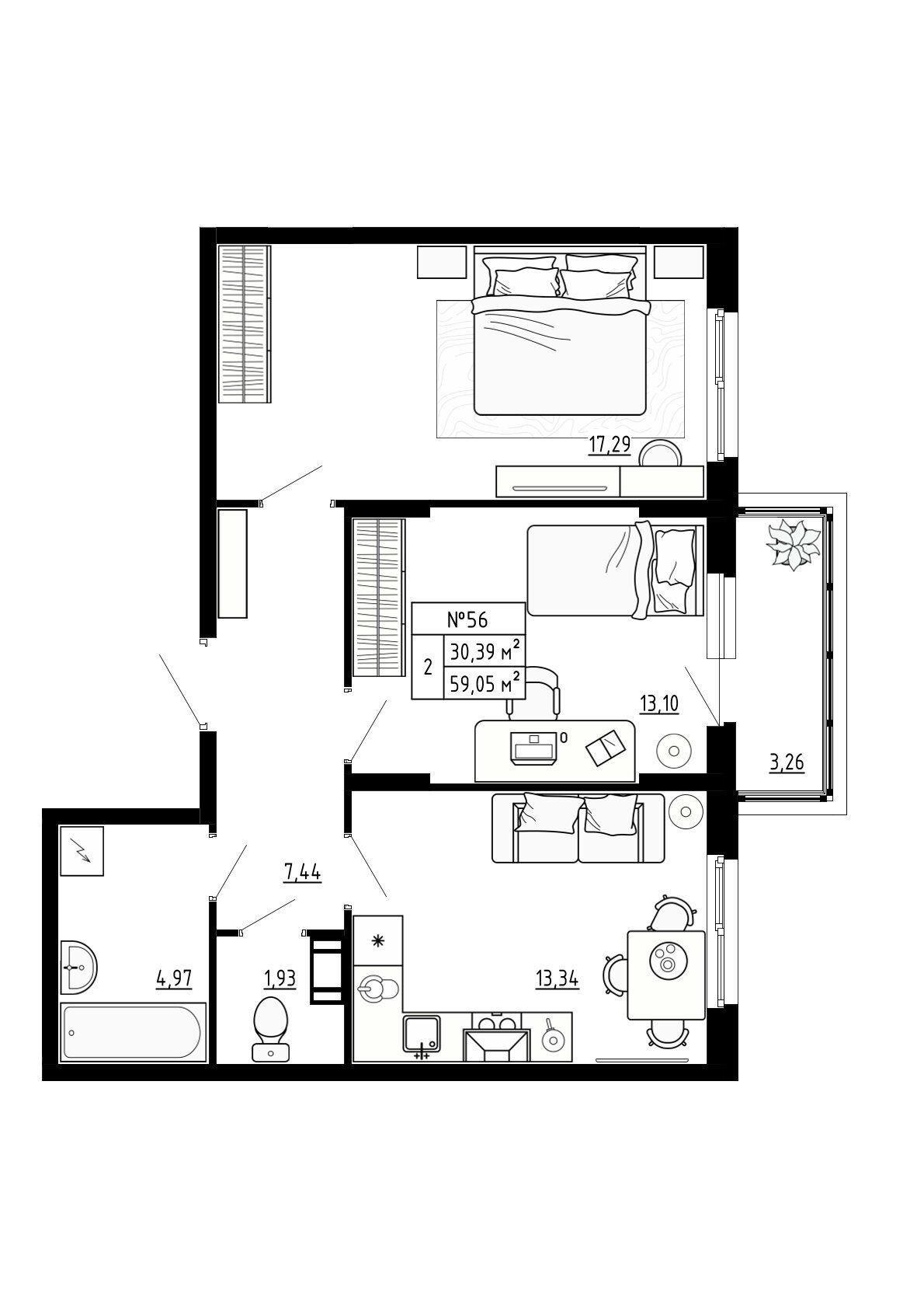 Планировка: 2-комн. квартира 59.03 м² в новостройке Аннино Сити