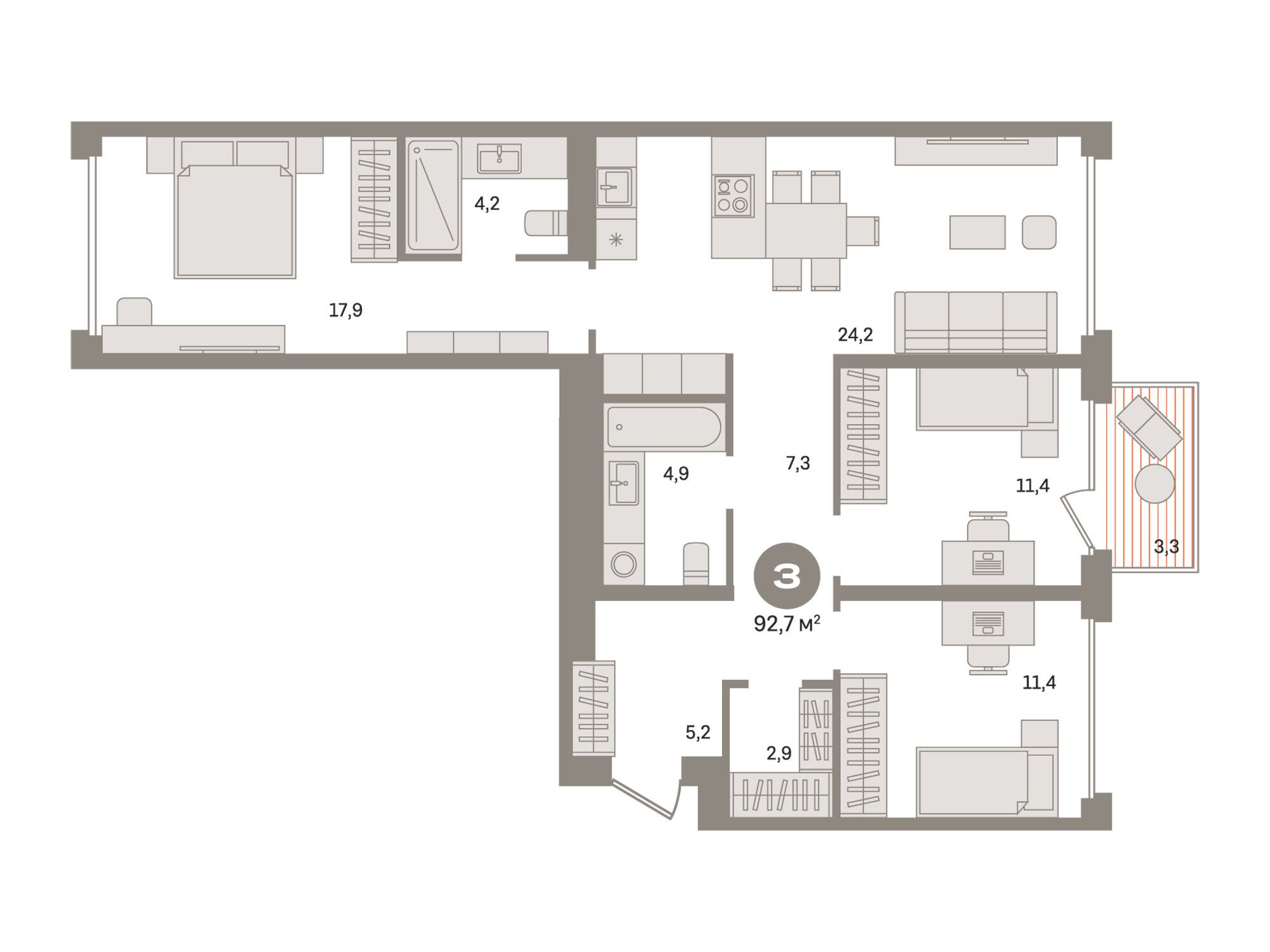 Планировка: 3-комн. квартира 92.70 м² в новостройке  Дом А