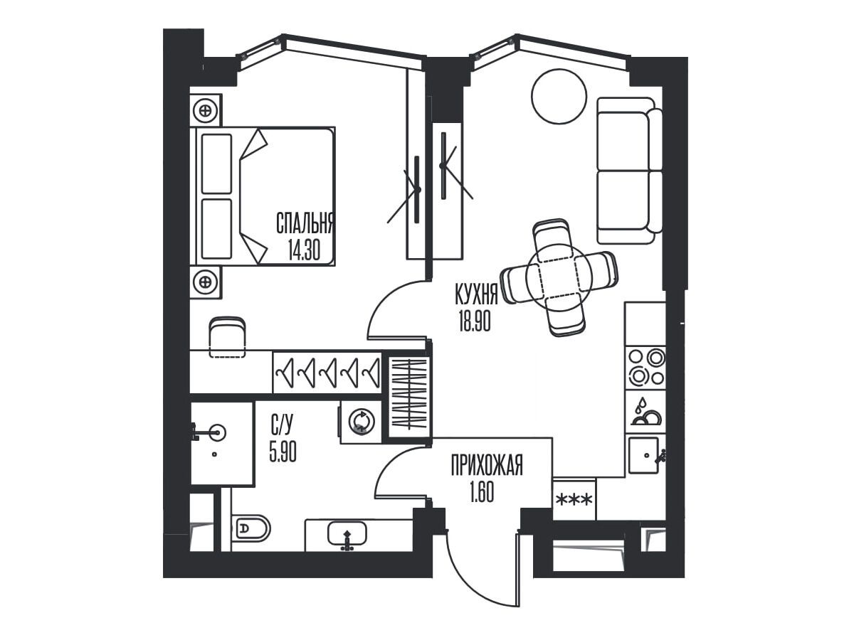 Планировка: 1-комн. квартира 40.70 м² в новостройке Айс Тауэрс
