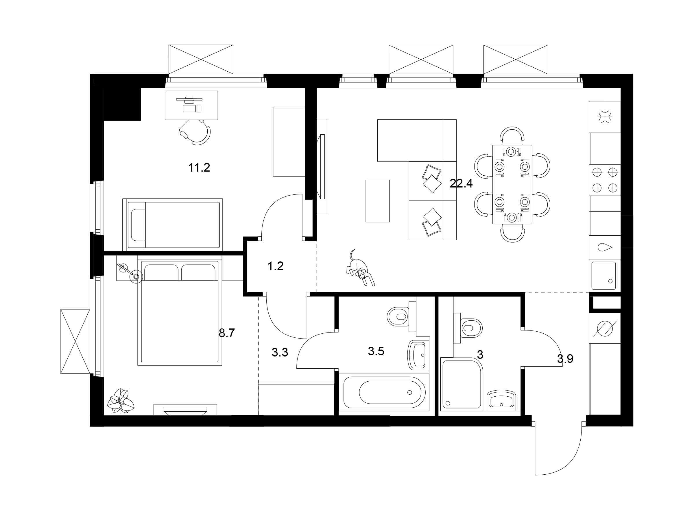 Планировка: 2-комн. квартира 57.20 м² в новостройке Ярославский квартал