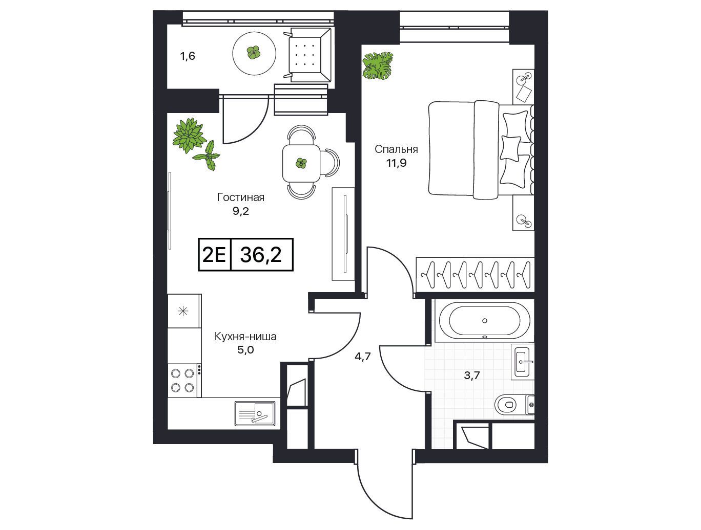 Планировка: 1-комн. квартира 37.60 м² в новостройке Пушкино Град