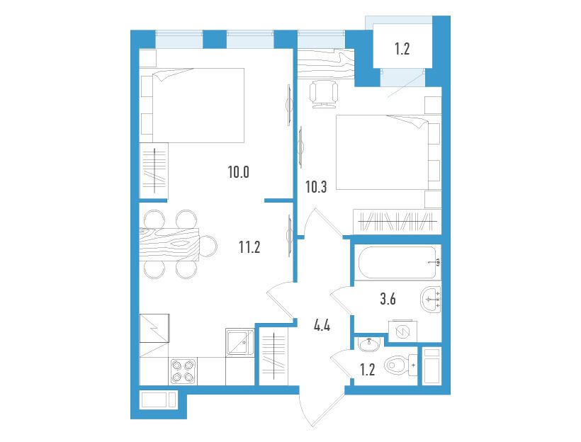 Планировка: 2-комн. квартира 41.30 м² в новостройке Аэросити Клаб