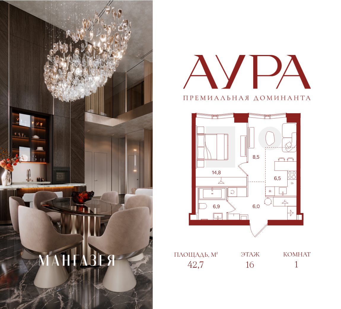 Планировка: 1-комн. квартира 42.00 м² в новостройке ЖК Аура (Мангазея на Тульской)