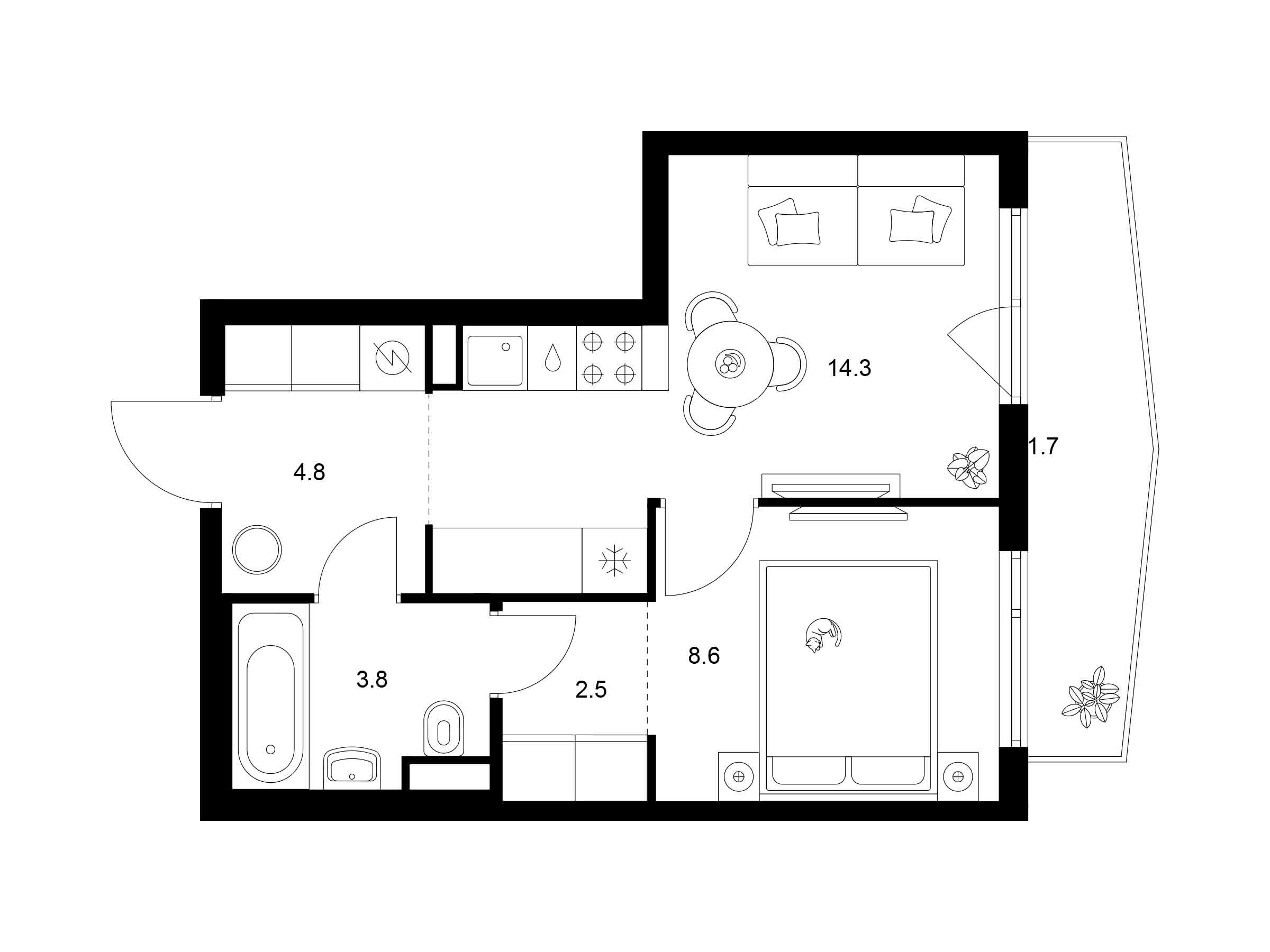Планировка: 1-комн. квартира 35.70 м² в новостройке Руставели 14