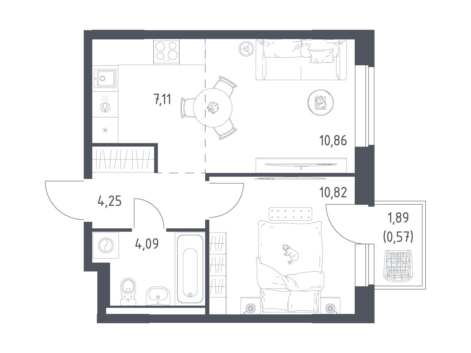 Планировка: 1-комн. квартира 37.70 м² в новостройке Новое Видное