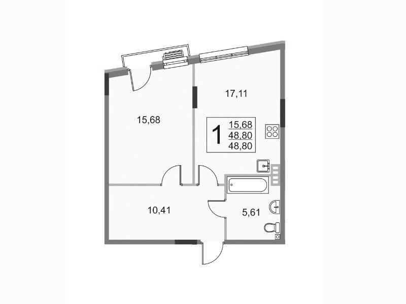 Планировка: 2-комн. квартира 48.60 м² в новостройке Эльйон
