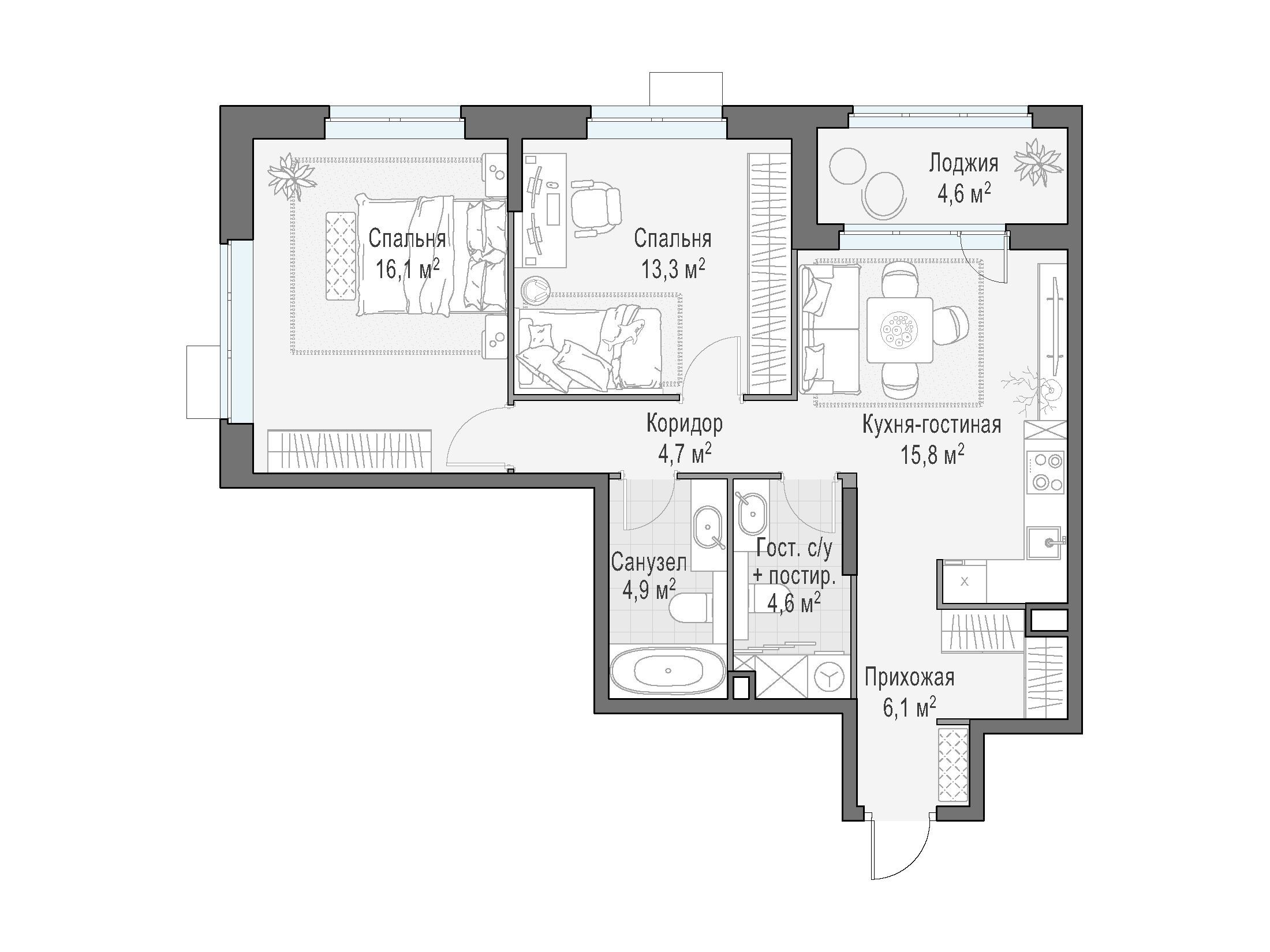 Планировка: 2-комн. квартира 65.60 м² в новостройке Новое Медведково