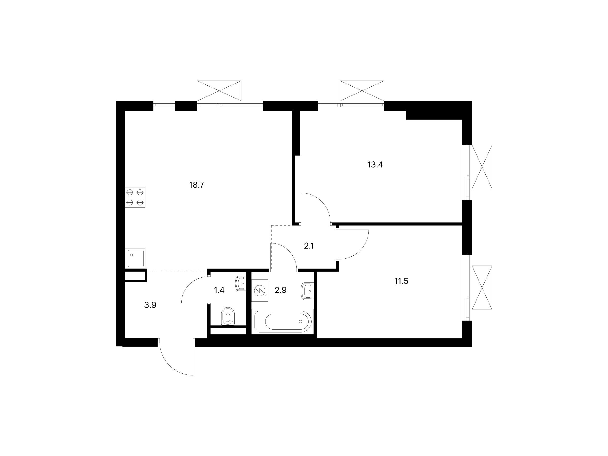 Планировка: 2-комн. квартира 53.90 м² в новостройке Яуза парк