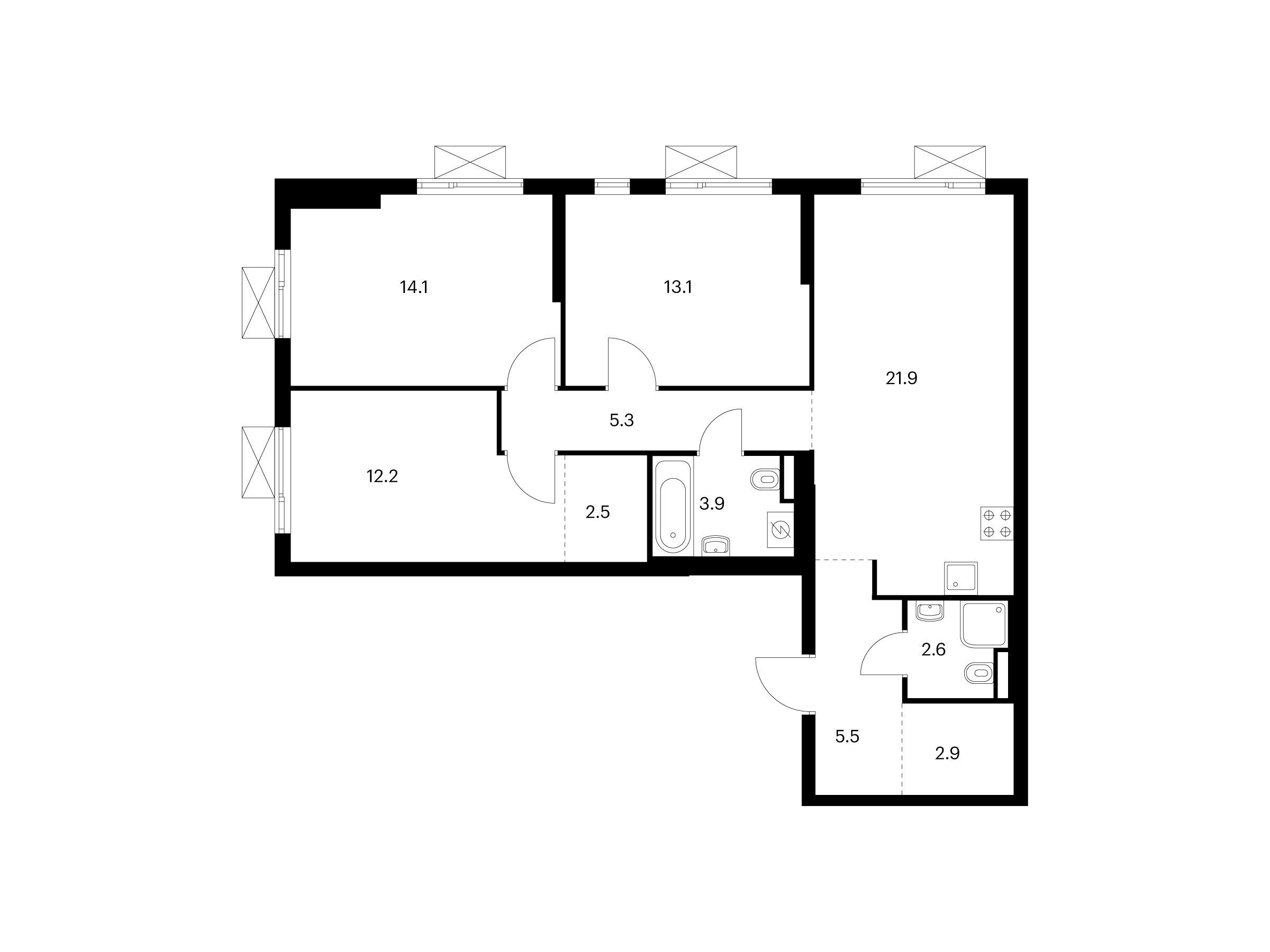 Планировка: 3-комн. квартира 84.00 м² в новостройке Яуза парк
