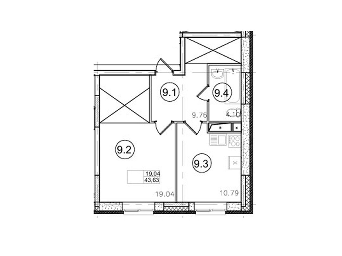 Планировка: 1-комн. квартира 43.63 м² в новостройке Портал