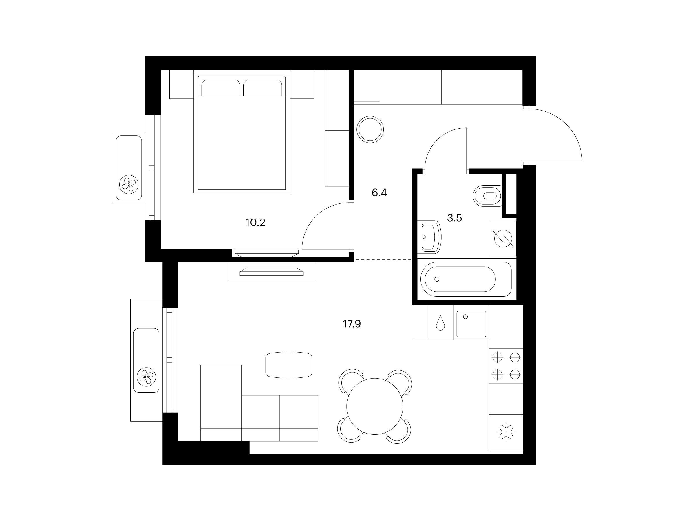 Планировка: 1-комн. квартира 38.00 м² в новостройке ЖК Восточное Бутово