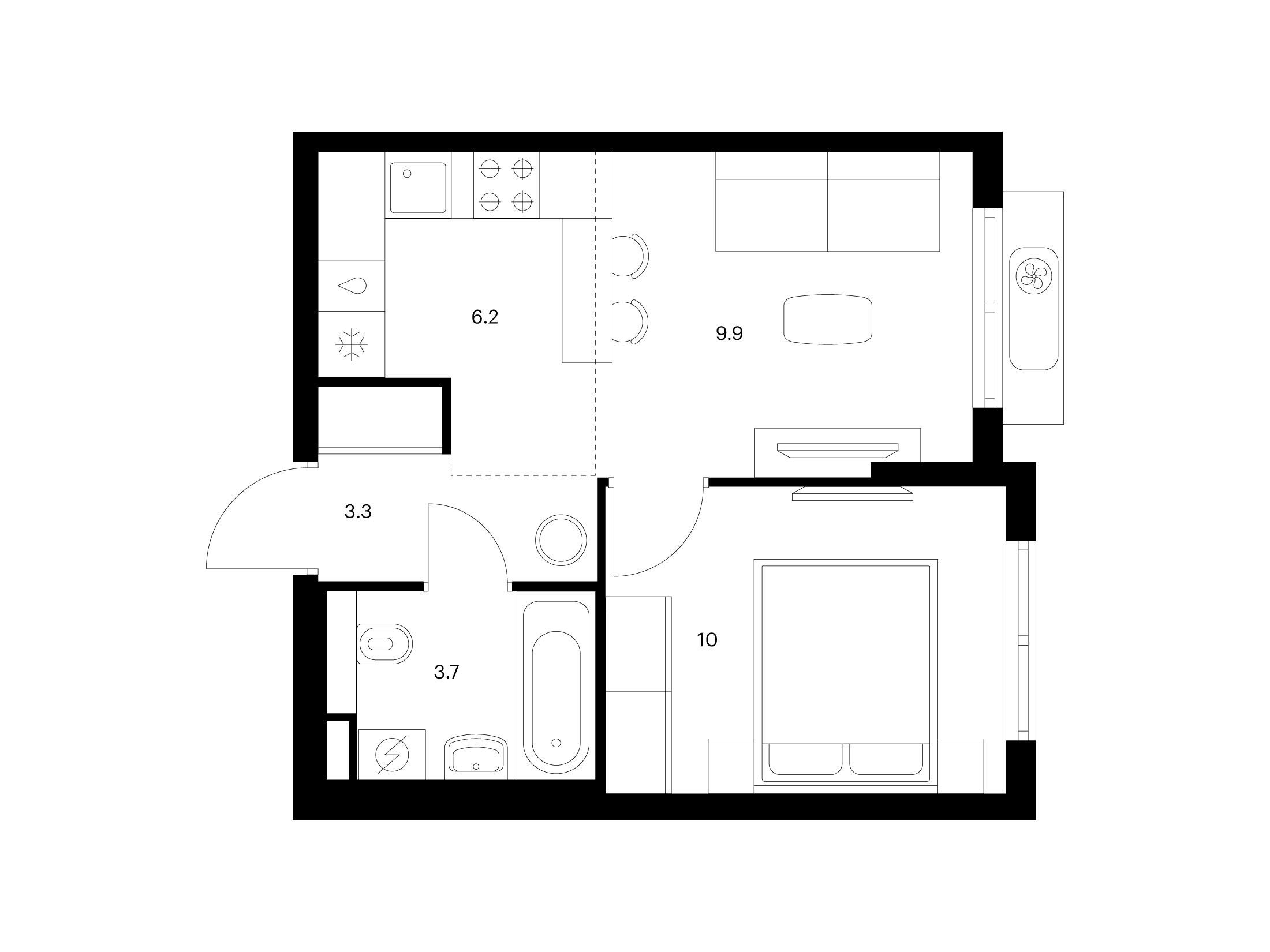 Планировка: 1-комн. квартира 33.10 м² в новостройке ЖК Восточное Бутово