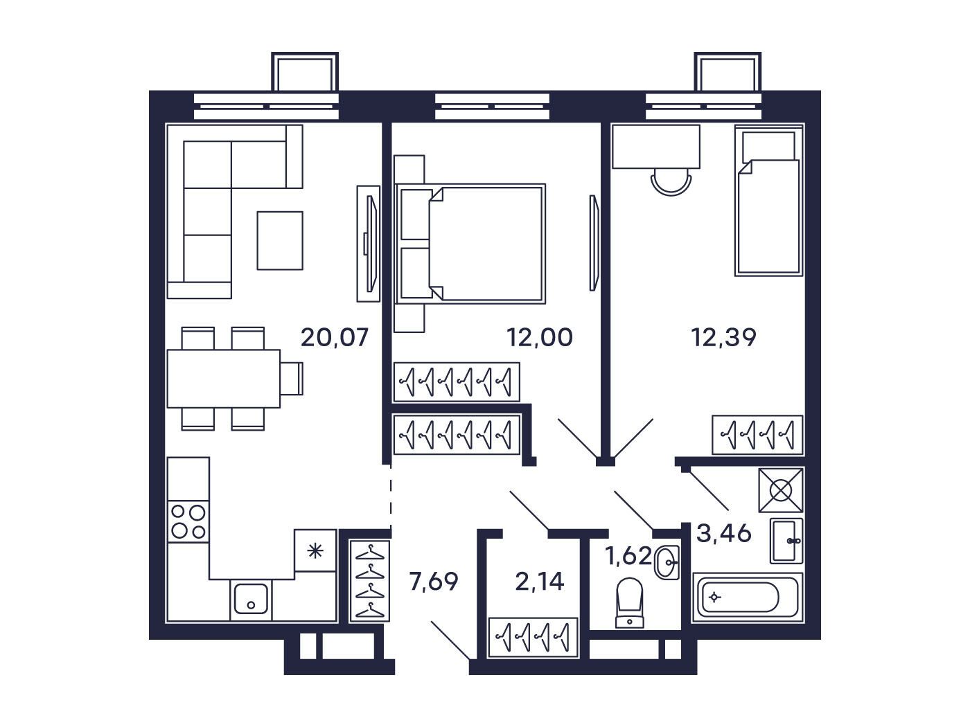 Планировка: 2-комн. квартира 62.78 м² в новостройке Тетрис