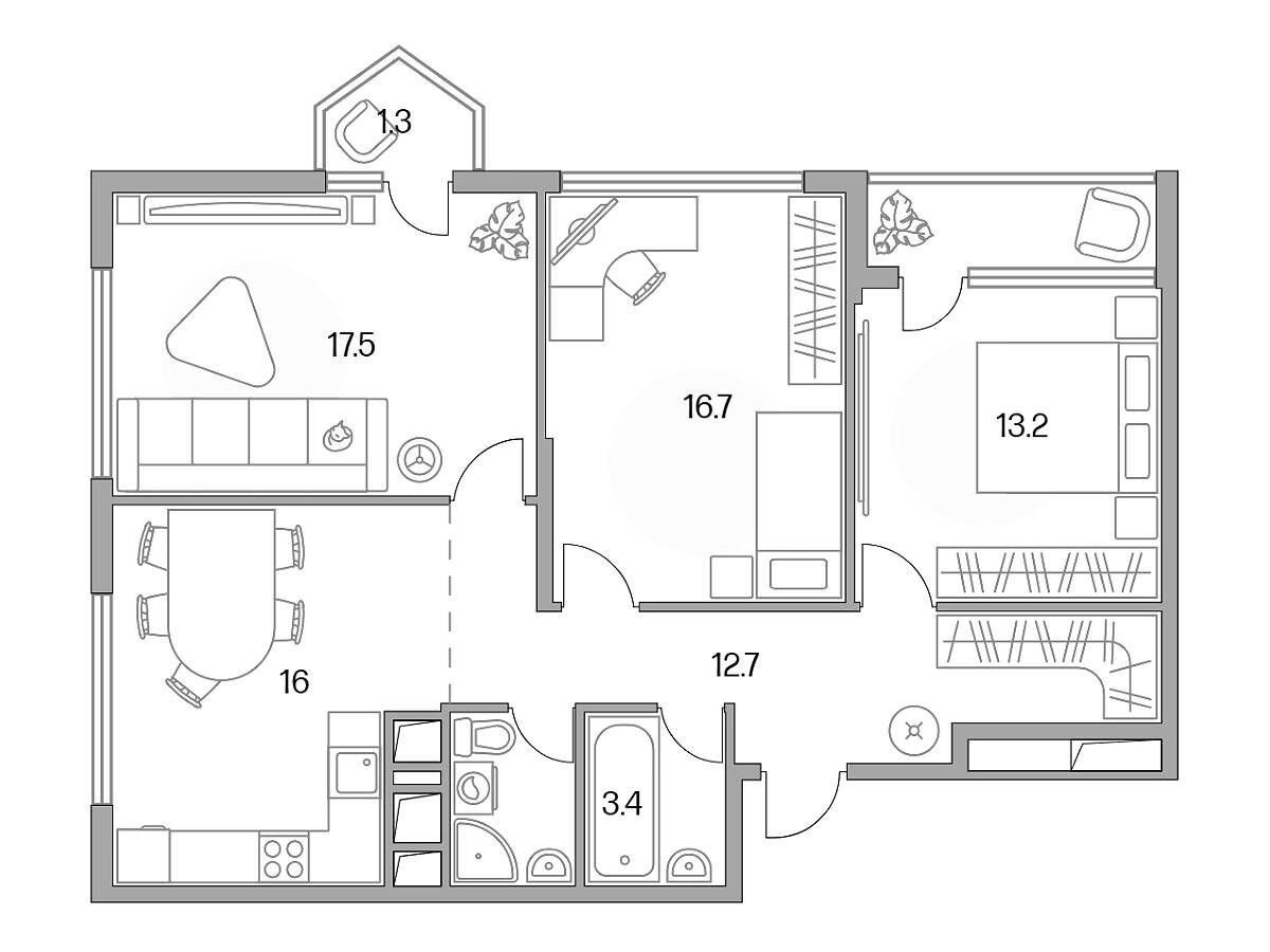 Планировка: 3-комн. квартира 86.80 м² в новостройке Бригантина