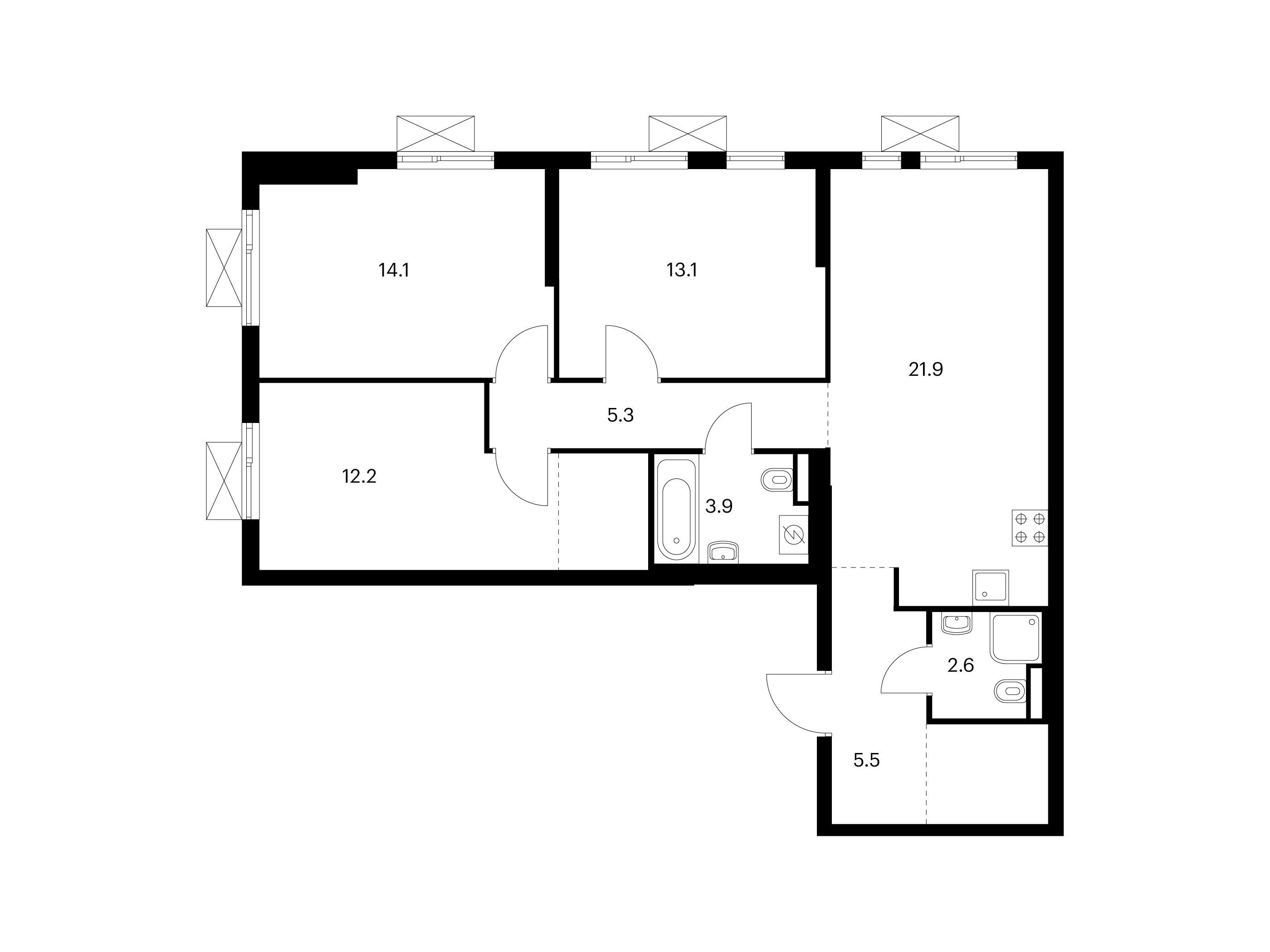 Планировка: 3-комн. квартира 84.00 м² в новостройке Яуза парк