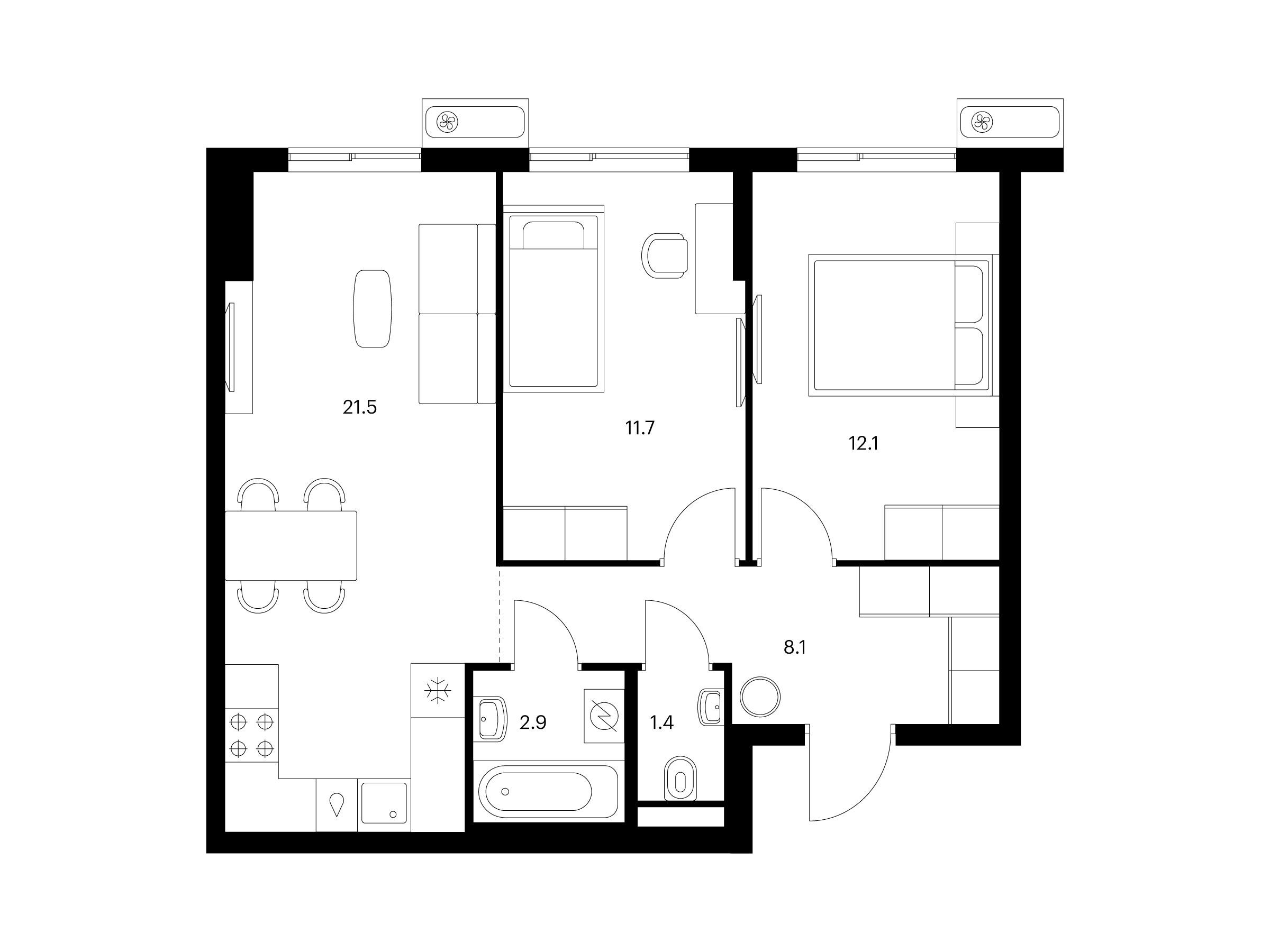 Планировка: 2-комн. квартира 57.70 м² в новостройке Восточное Бутово
