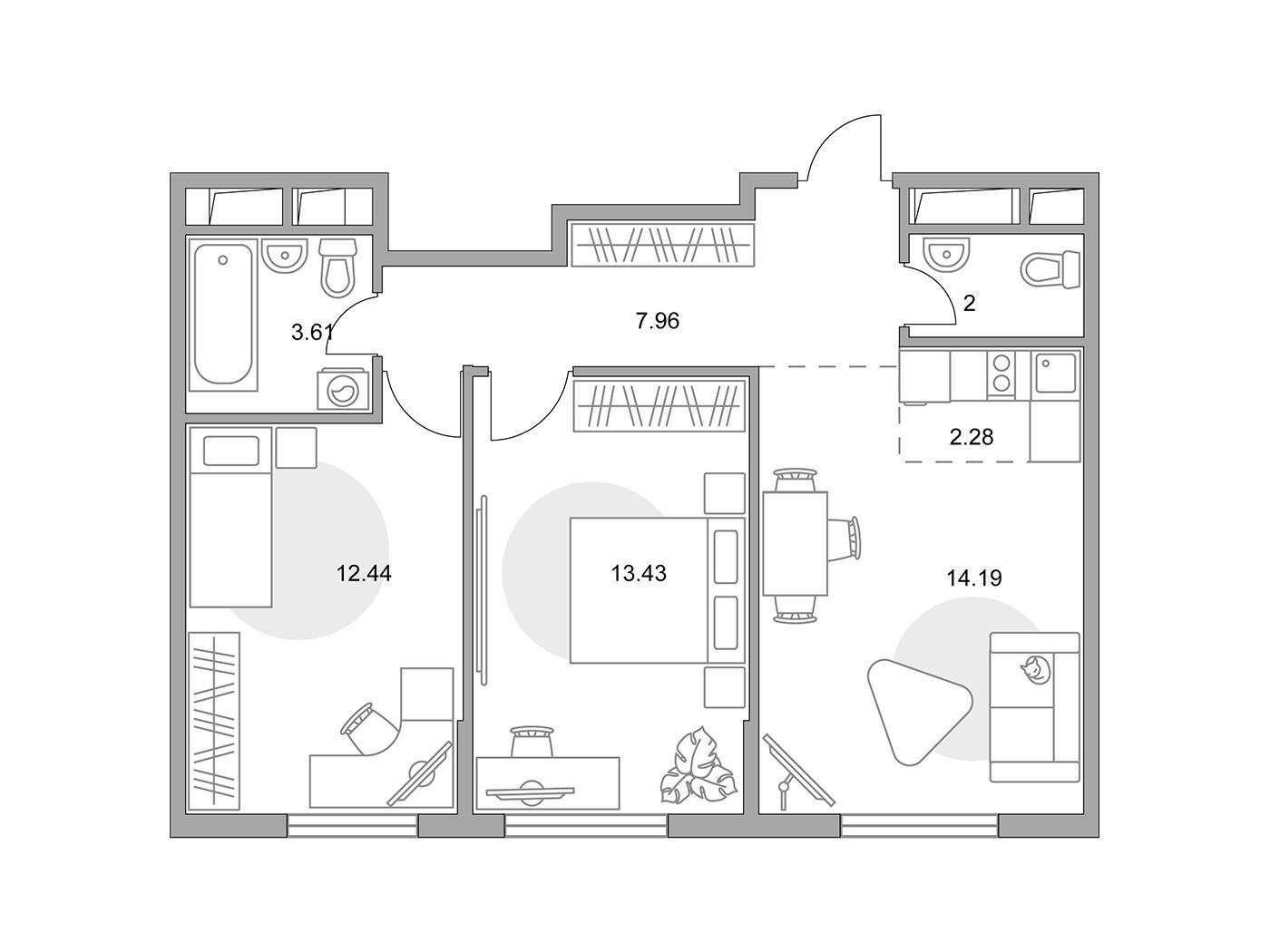 Планировка: 3-комн. квартира 55.91 м² в новостройке ЖК Аникеевский
