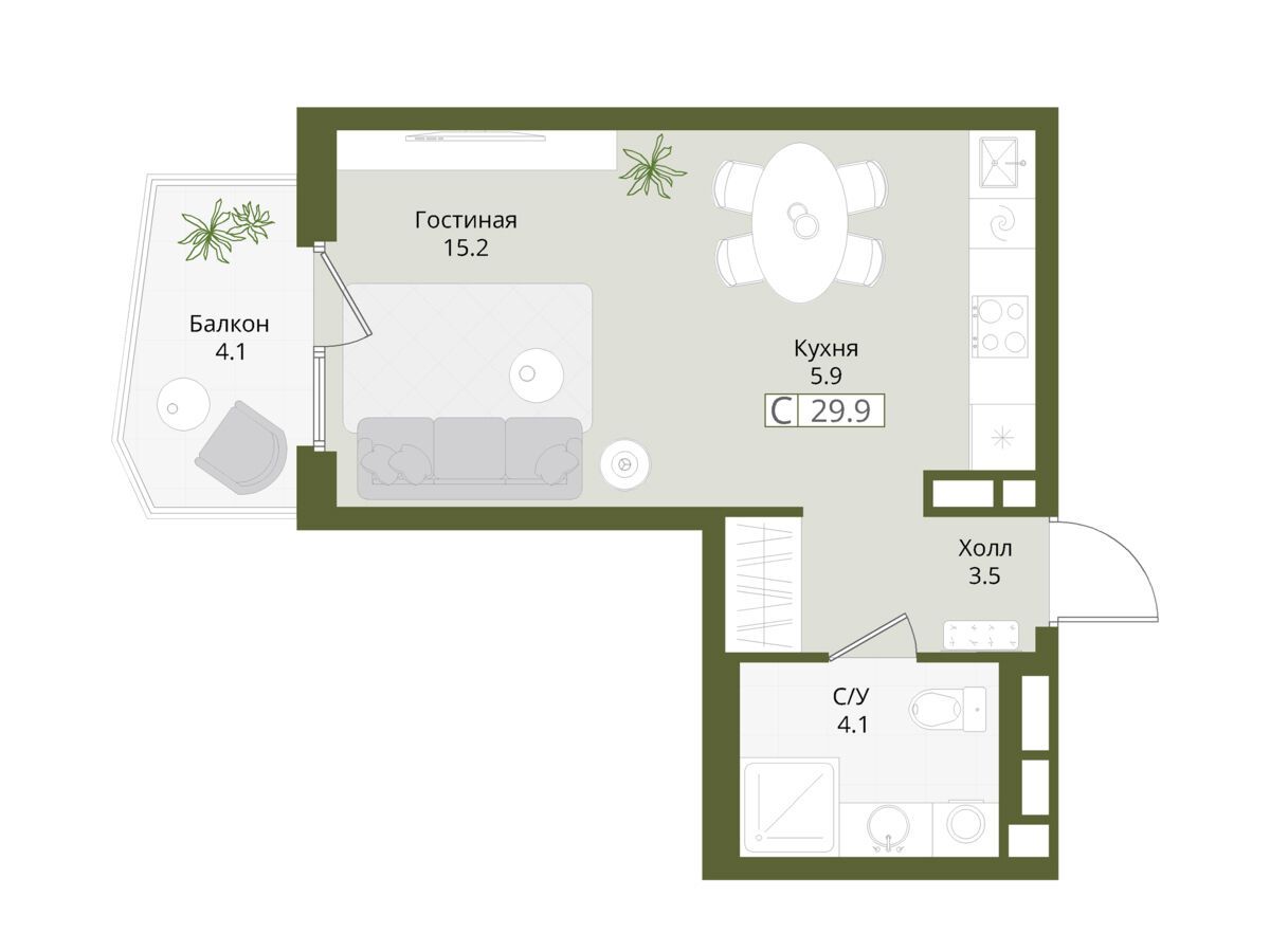 Планировка: Студия 29.90 м² в новостройке ЖК Коллекция