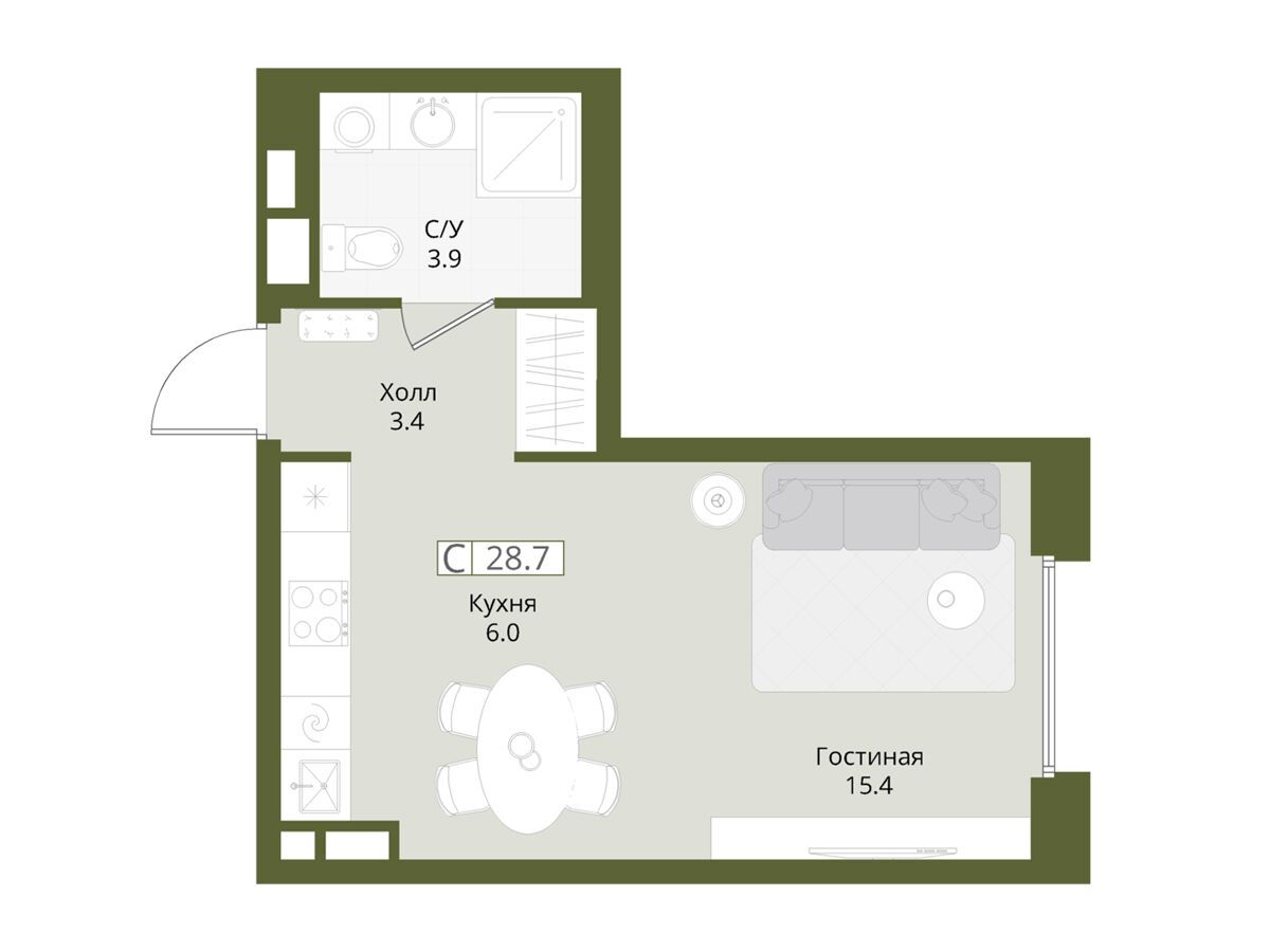 Планировка: Студия 28.70 м² в новостройке Коллекция