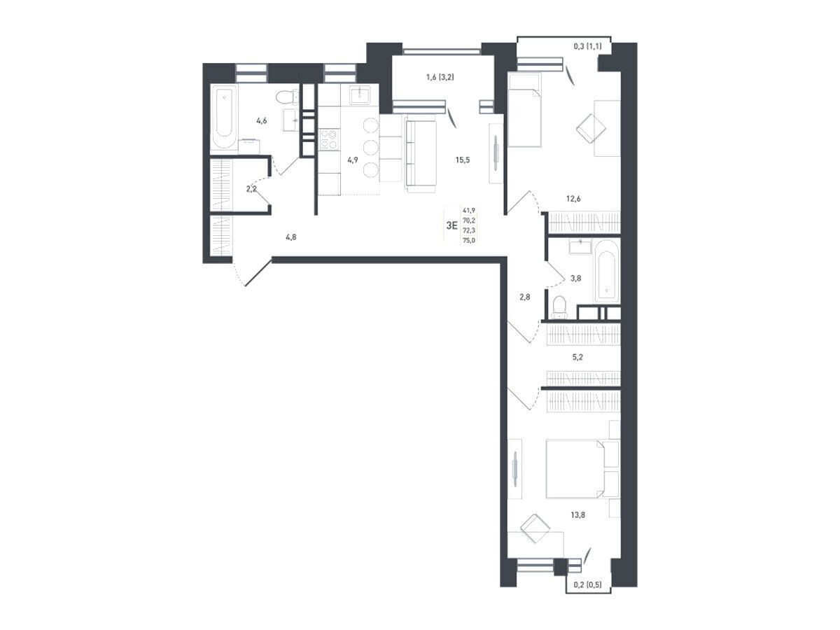 Планировка: 3-комн. квартира 76.20 м² в новостройке Новая Щербинка