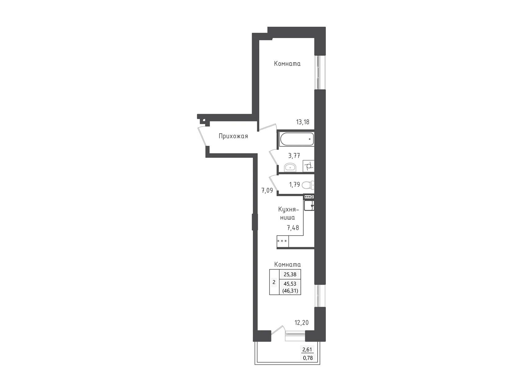 Планировка: 1-комн. квартира 46.31 м² в новостройке Зеленый Город