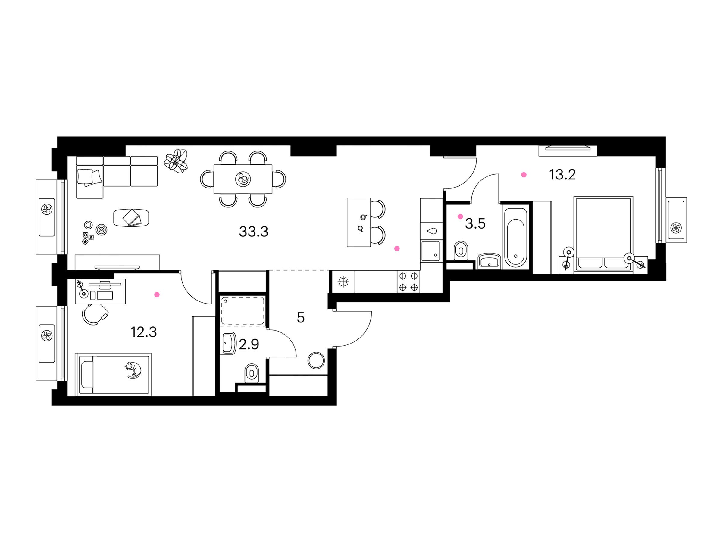 Планировка: 2-комн. квартира 70.20 м² в новостройке Белая Дача парк
