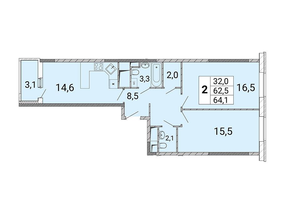 Планировка: 2-комн. квартира 64.60 м² в новостройке Центр-2
