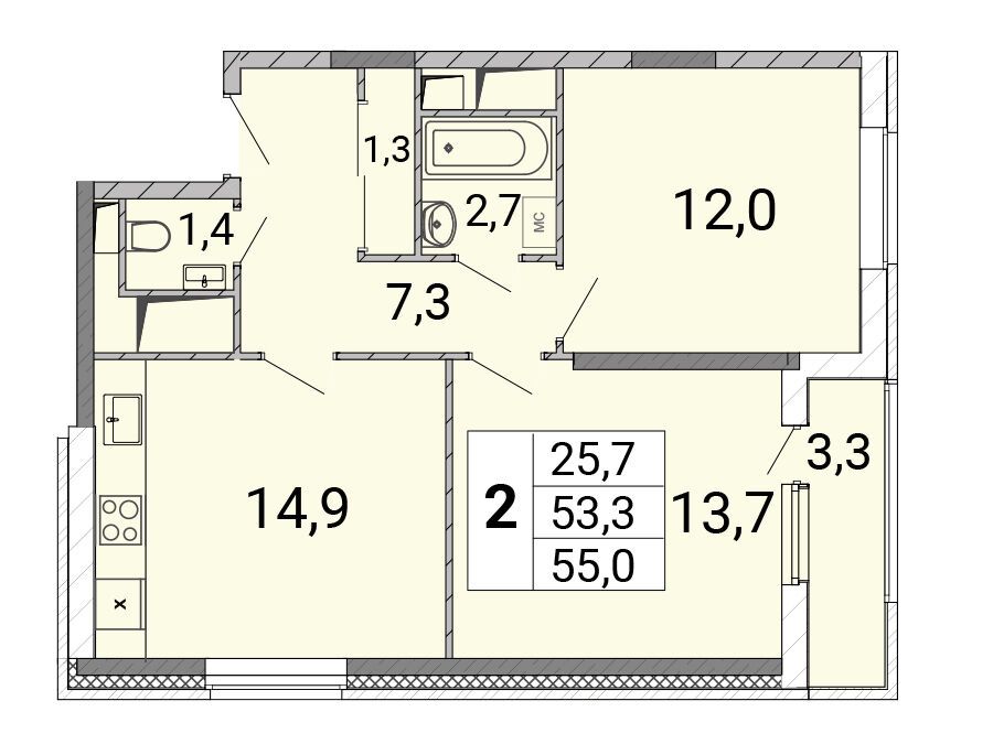 Планировка: 2-комн. квартира 55.30 м² в новостройке Центр-2