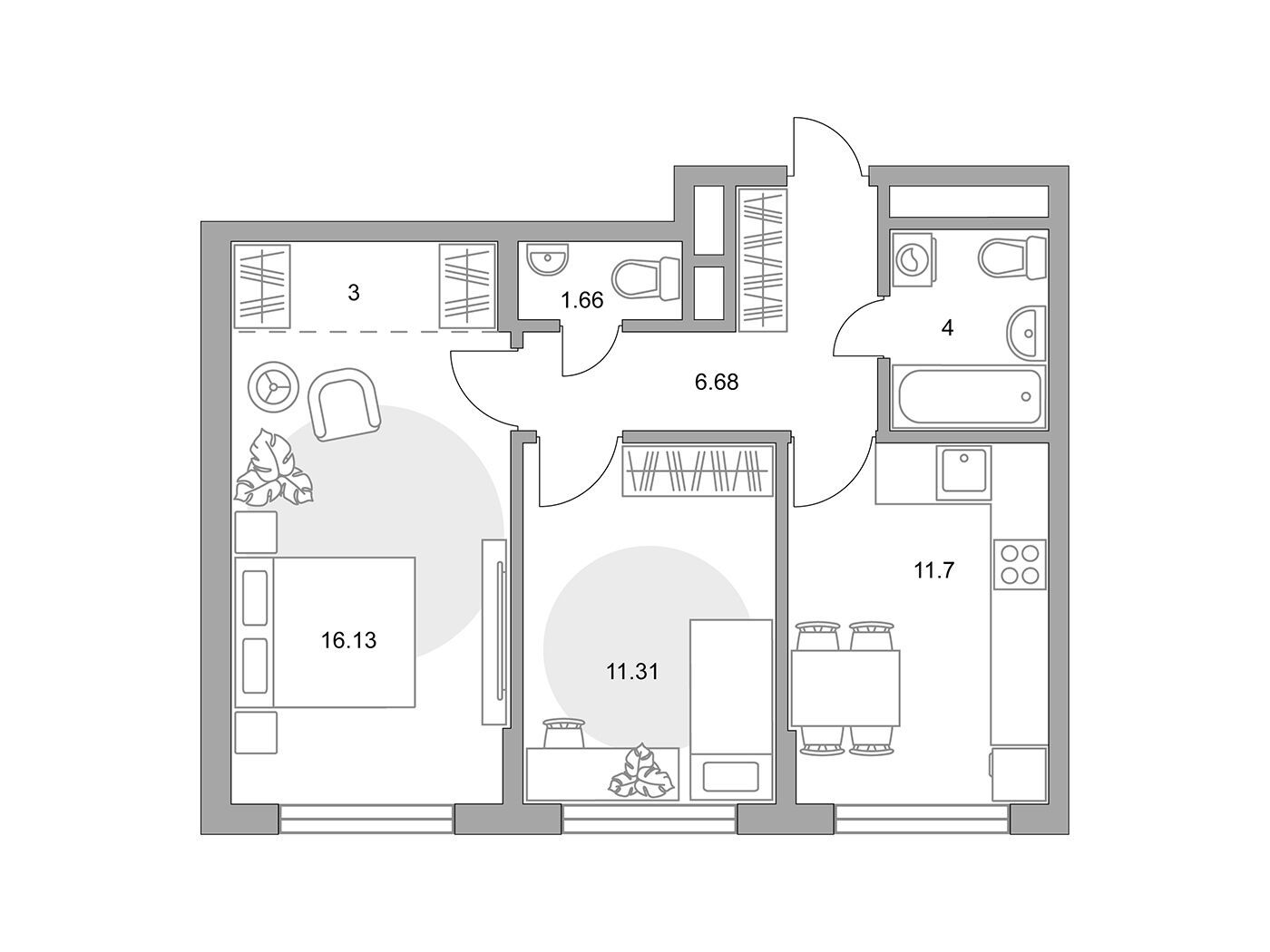 Планировка: 2-комн. квартира 54.43 м² в новостройке Императорские Мытищи