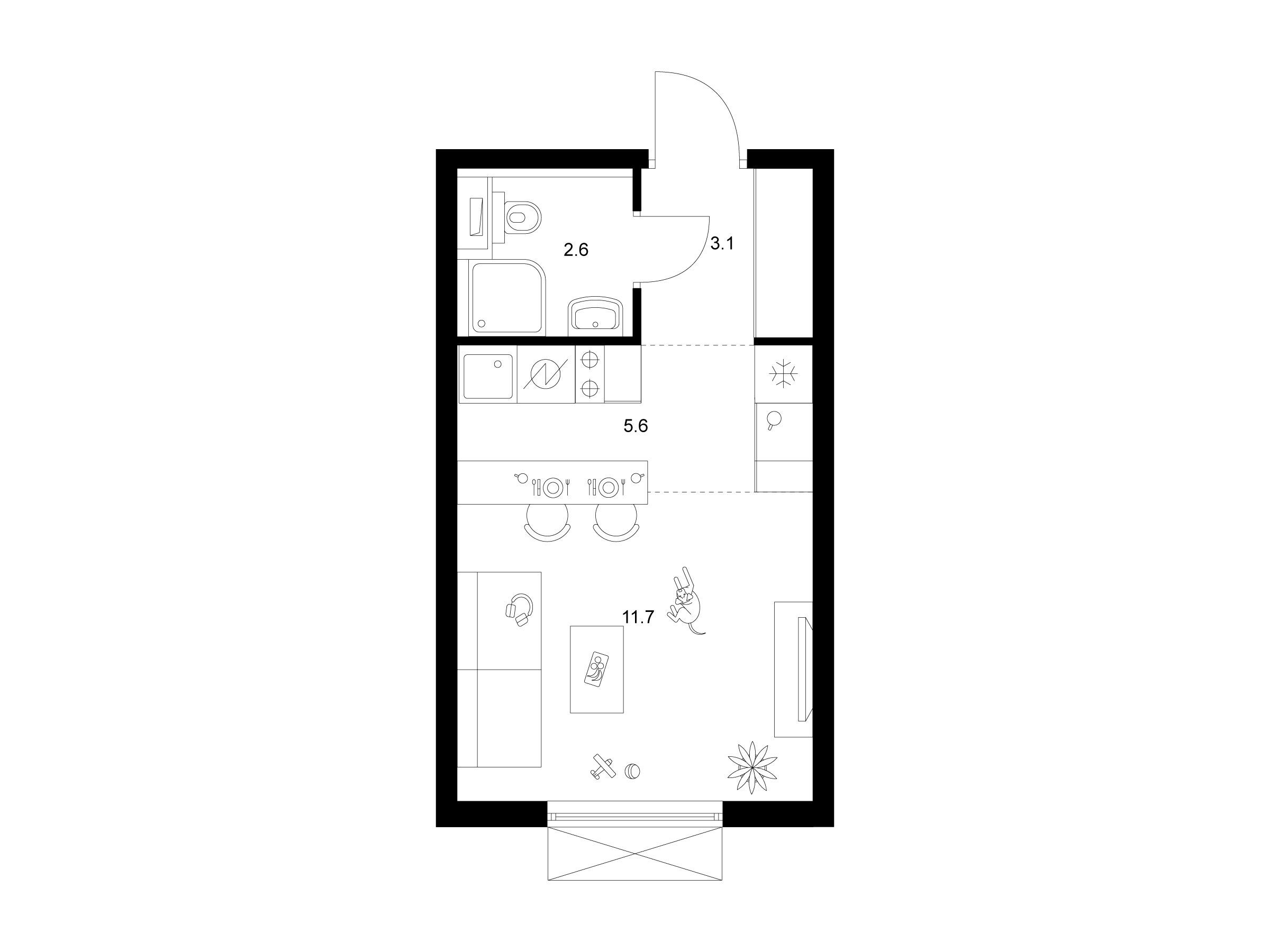 Планировка: Студия 23.00 м² в новостройке ЖК Томилинский бульвар