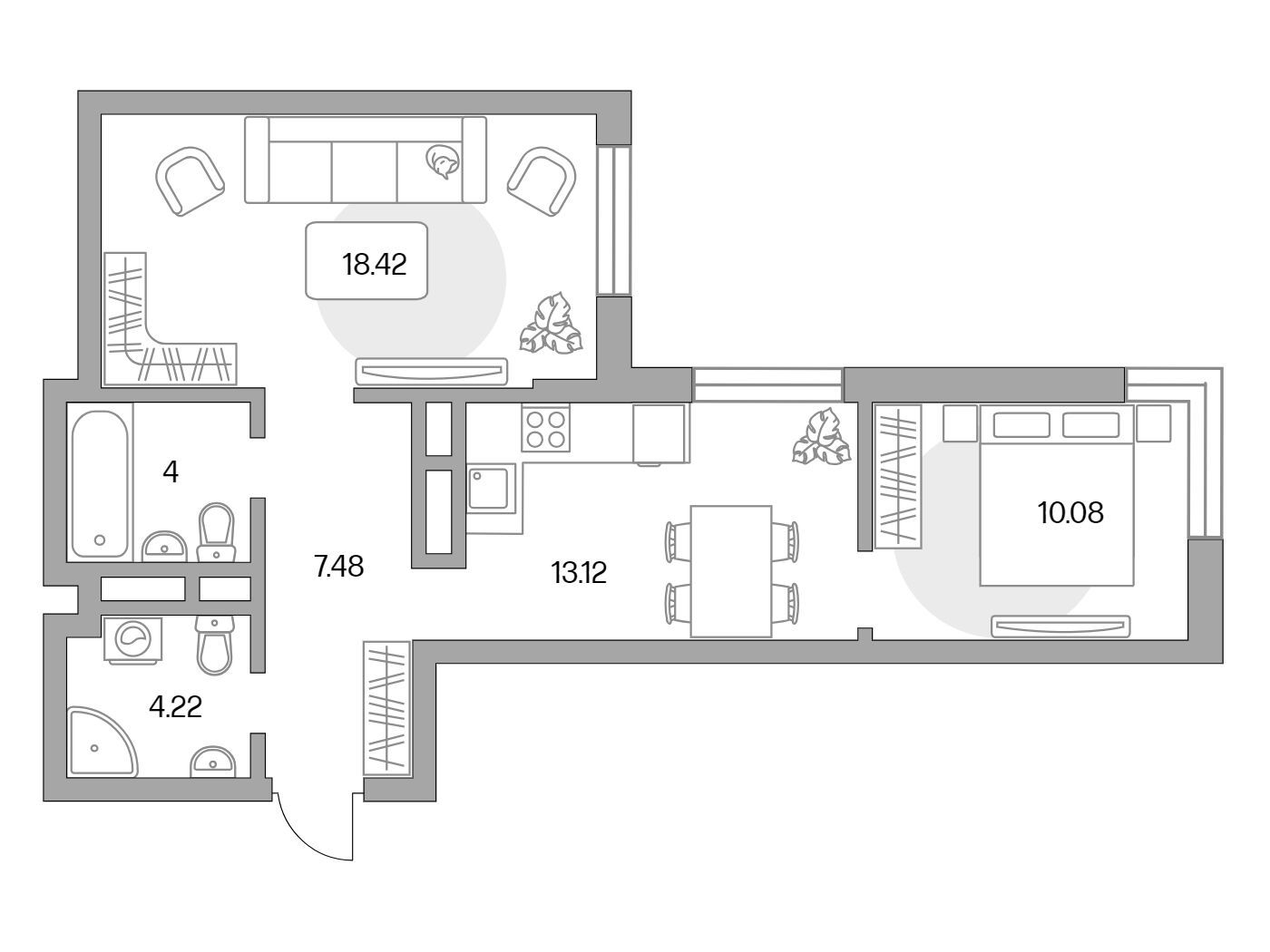 Планировка: 2-комн. квартира 57.32 м² в новостройке ЖК Живописный