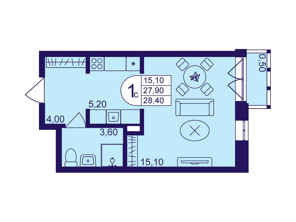 Планировка: Студия 28.40 м² в новостройке Героев