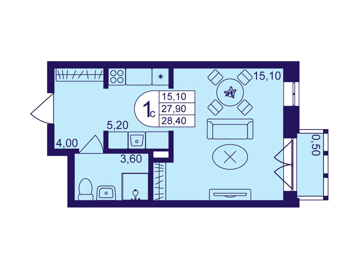Планировка: Студия 28.40 м² в новостройке Героев