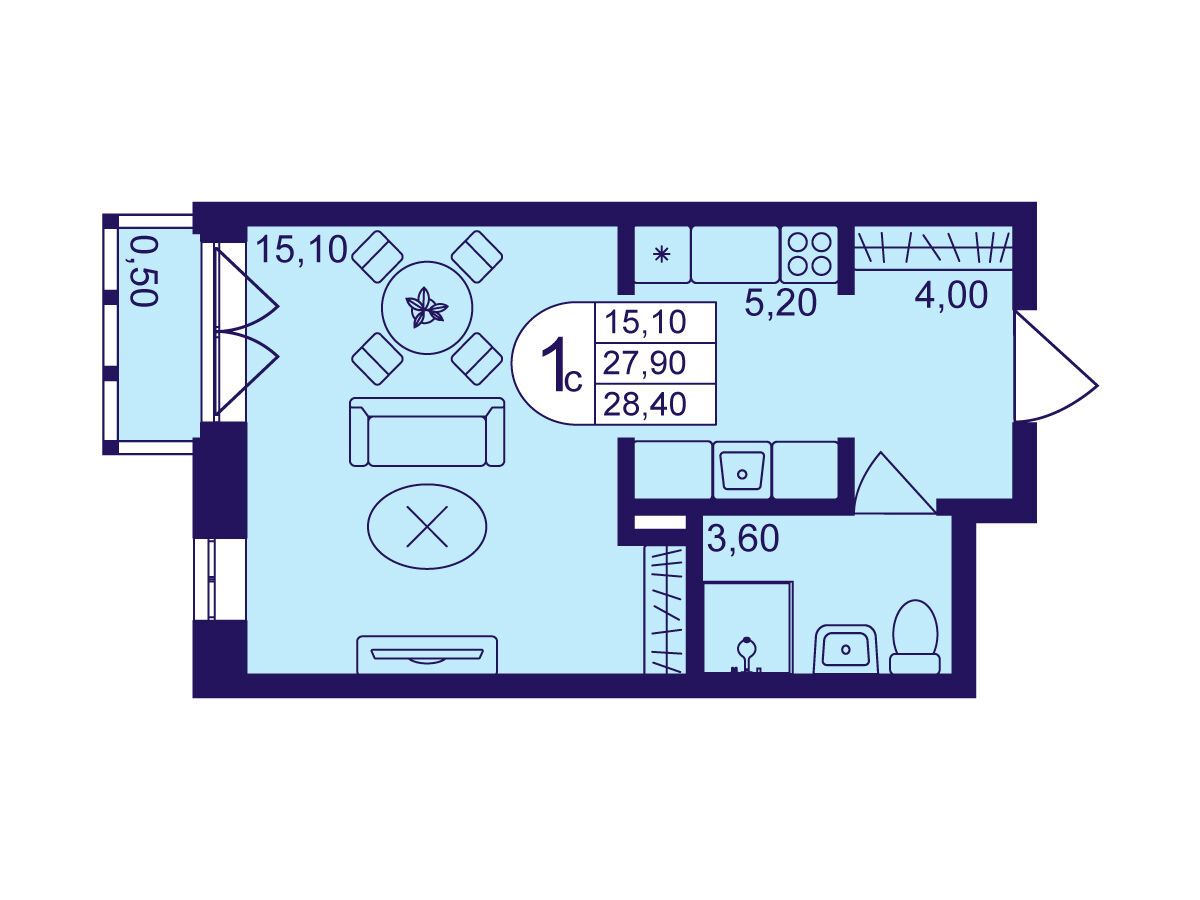 Планировка: Студия 28.40 м² в новостройке Героев