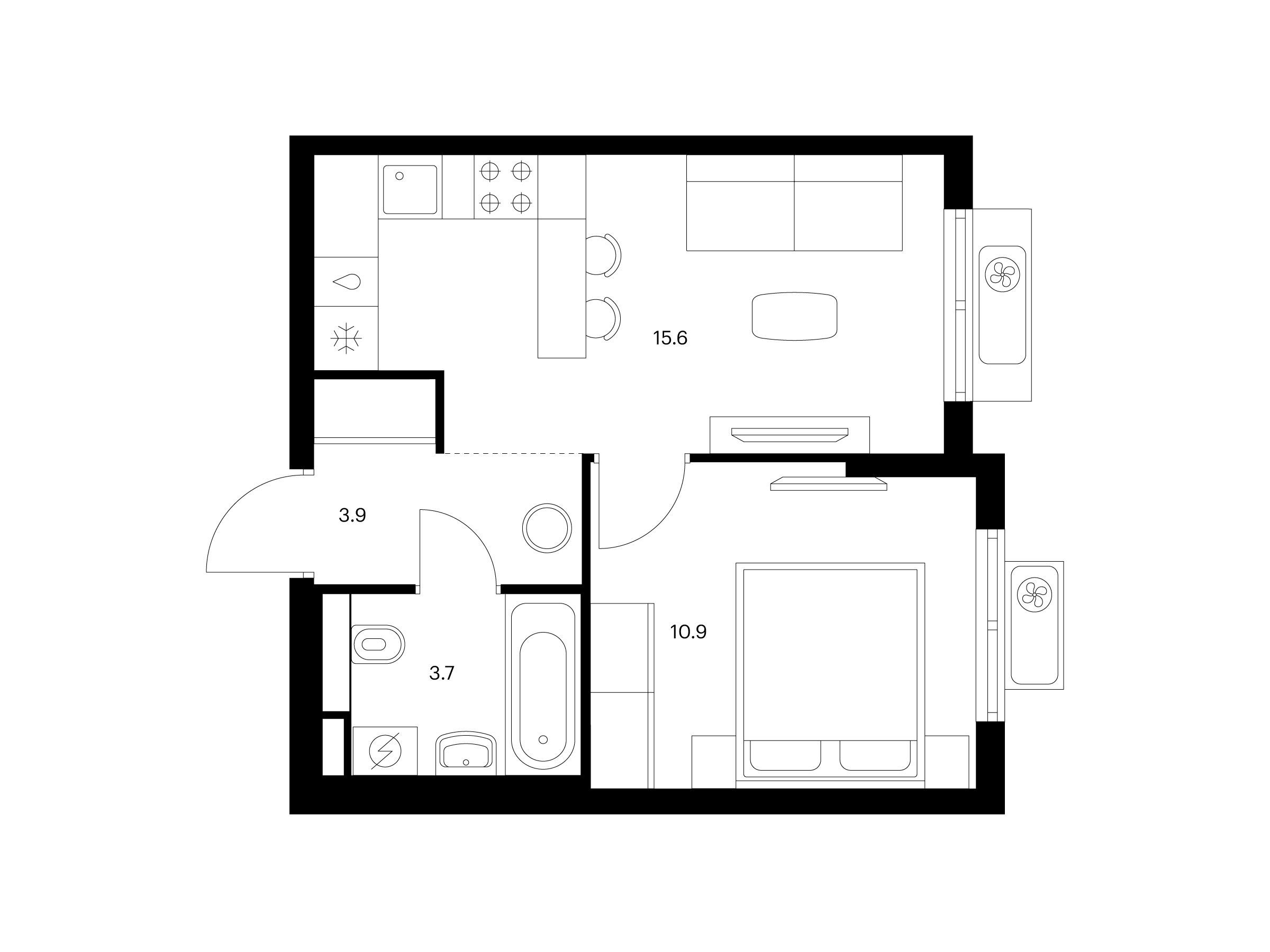 Планировка: 1-комн. квартира 34.10 м² в новостройке ЖК Восточное Бутово