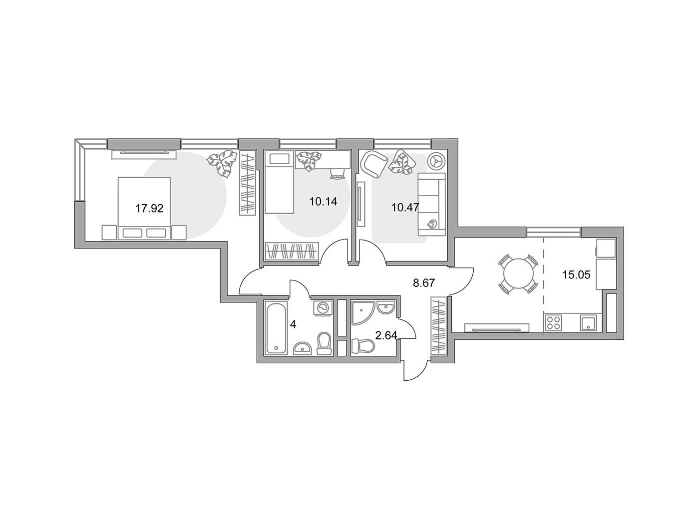 Планировка: 3-комн. квартира 68.89 м² в новостройке Императорские Мытищи