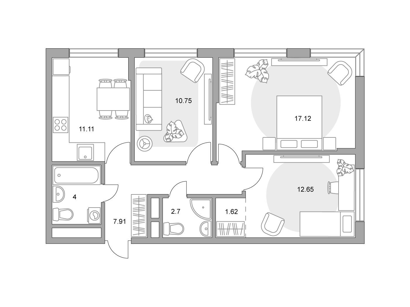 Планировка: 3-комн. квартира 67.86 м² в новостройке Императорские Мытищи