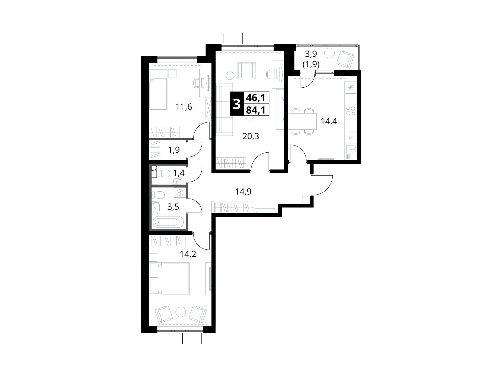 Планировка: 3-комн. квартира 84.10 м² в новостройке 1-й Южный