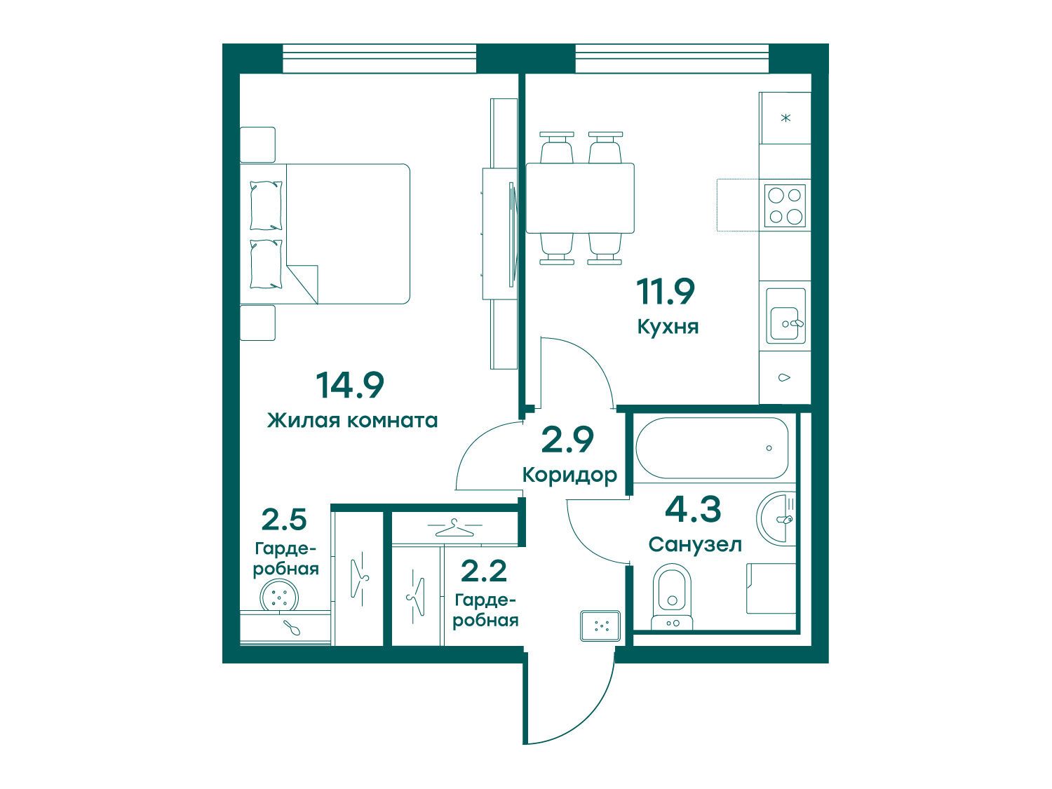Планировка: 1-комн. квартира 38.70 м² в новостройке Равновесие