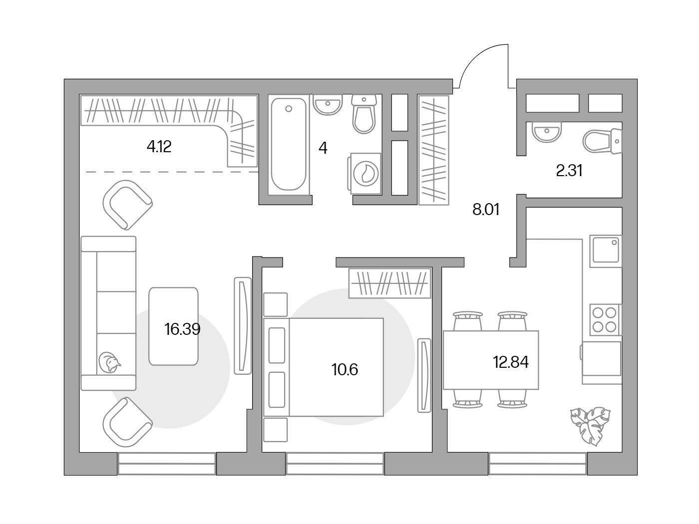 Планировка: 2-комн. квартира 58.27 м² в новостройке ЖК Живописный